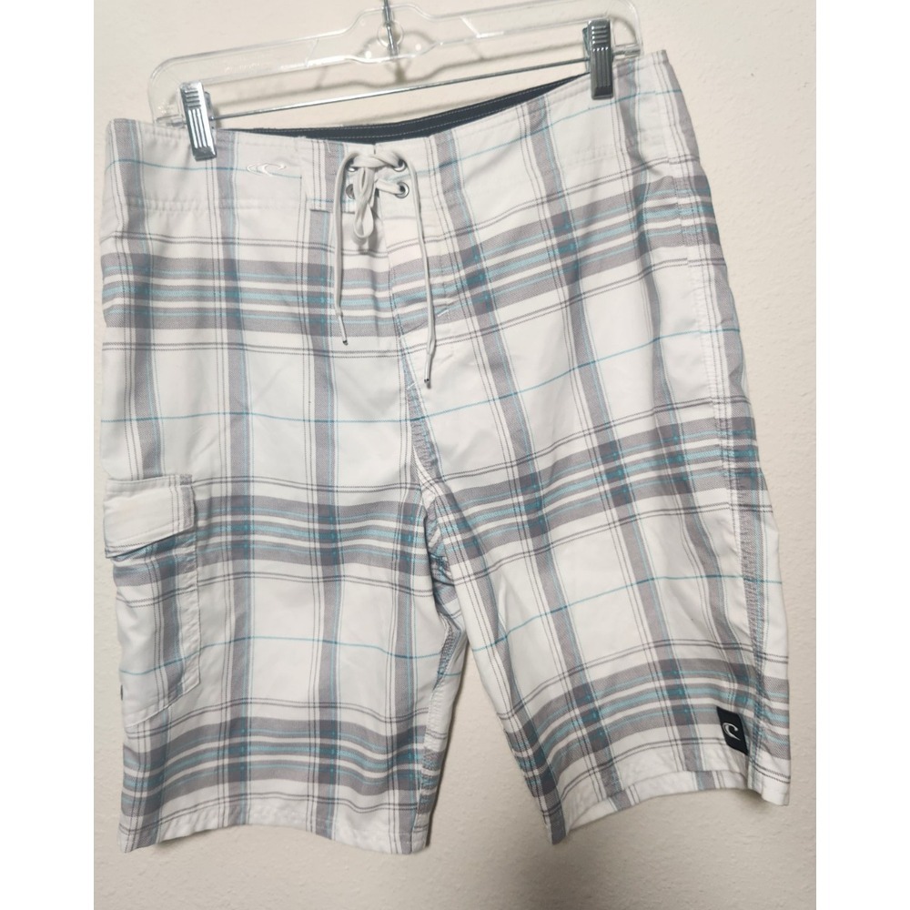 O'Neill Board Shorts Adult Size 32x9.5" White Gray Plaid Beach Boat Surf‎ Logos